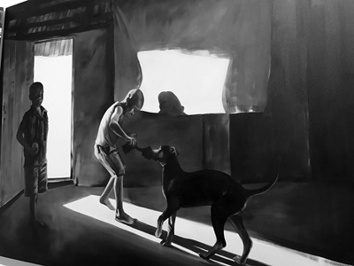 A detail from one of Meleko Mokgosi’s large-scale paintings, now on view at the Williams College Museum of Art, shows two boys playing with a dog. The paintings depict scenes of daily life in southern Africa while exploring varied perspectives on world history and democratic ideals. Kate Abbott photo