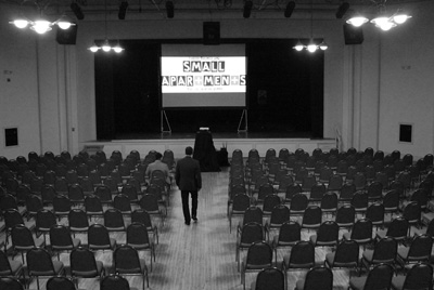 Saratoga Music Hall was set up for a sellout crowd in 2013 for the local premiere of “Small Apartments,” a film based on the book by Saratoga Springs native Chris Millis. This spring, city officials backed a plan to replace the historic theater with new courtroom space. Thomas Dimopoulos photo