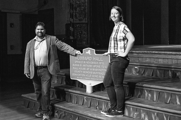 David Snider and Kathrine Danforth of Hubbard Hall display a new historical marker commemorating Susan B. Anthony’s 1894 visit to the hall as she campaigned for women’s rights. TDavid Snider and Kathrine Danforth of Hubbard Hall display a new historical marker commemorating Susan B. Anthony’s 1894 visit to the hall as she campaigned for women’s rights. Joan K. Lentini photo
