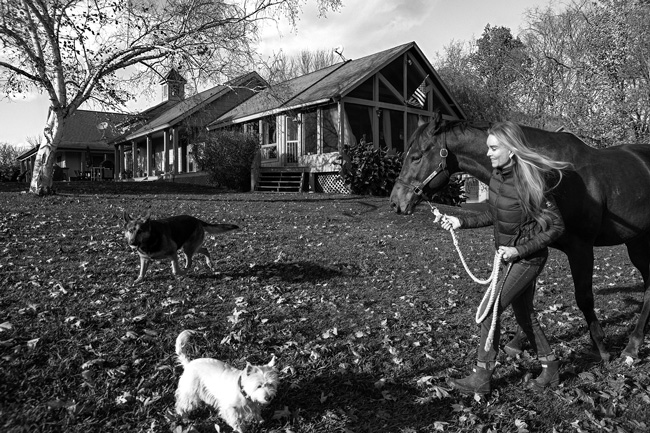 Anna Hollander, owner of Swedish Hill Farm and Spa in Malta, N.Y., walks the retired racehorse Principal Dancer to the paddock on a fall day, accompanied by her dogs. Joan K. Lentini photo