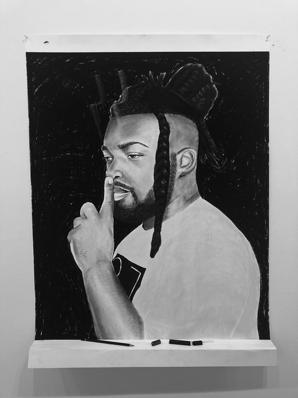 Conrad Egyir’s new exhibit, “Travelogue,’ which opened in June at Gallery 51, includes his portraits of, from left, Odiase Williamson, Winston Wall and Delano Mills, along with others he met in the course of his artist residency at MCLA. Courtesy photos