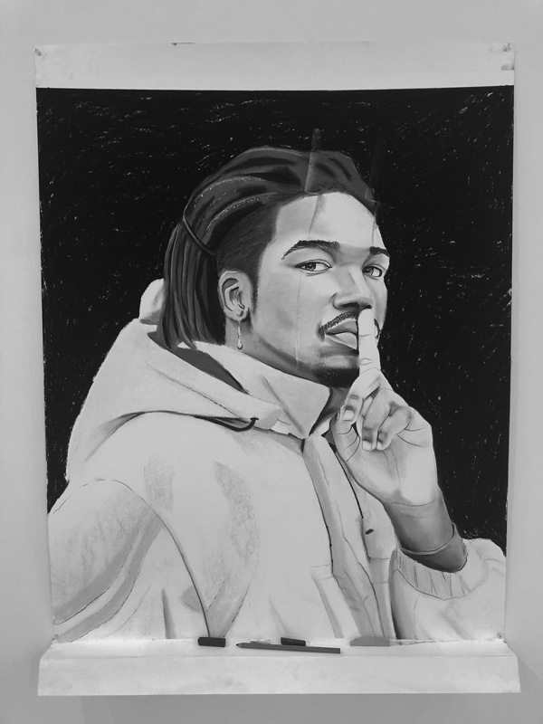 Conrad Egyir’s new exhibit, “Travelogue,’ which opened in June at Gallery 51, includes his portraits of, from left, Odiase Williamson, Winston Wall and Delano Mills, along with others he met in the course of his artist residency at MCLA. Courtesy photos